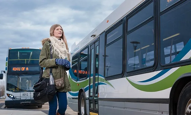 A Strathcona County bus at a transit stop. Terminal layouts and service details are listed below.